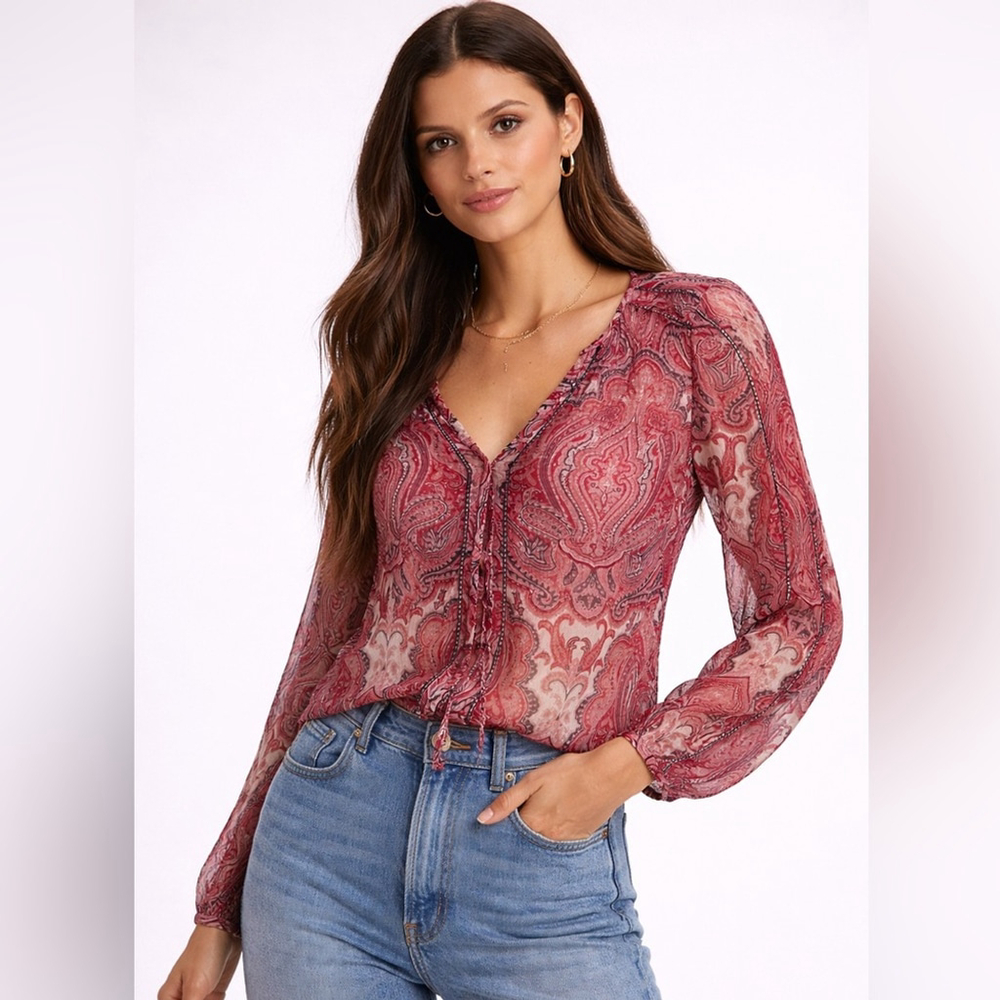 Lucky Brand Red Paisley Sheer Blouse Boho Lightweight Tie Front Top Small